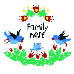 Illustration with a family of blue birds and bright ornament. Frame for text.