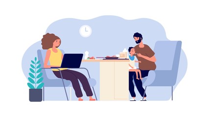 Family together. Mother, father and baby. Dad with little son and working mom. Parenthood vector illustration. Dad feed kid and happy mother with laptop