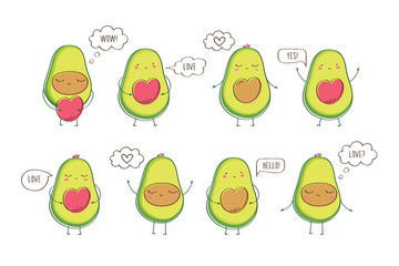 Set of cute avocados with hearts and bubbles. Hand drawn elements for Valentine's Day, birthday, Mother's Day, wedding. Vector.