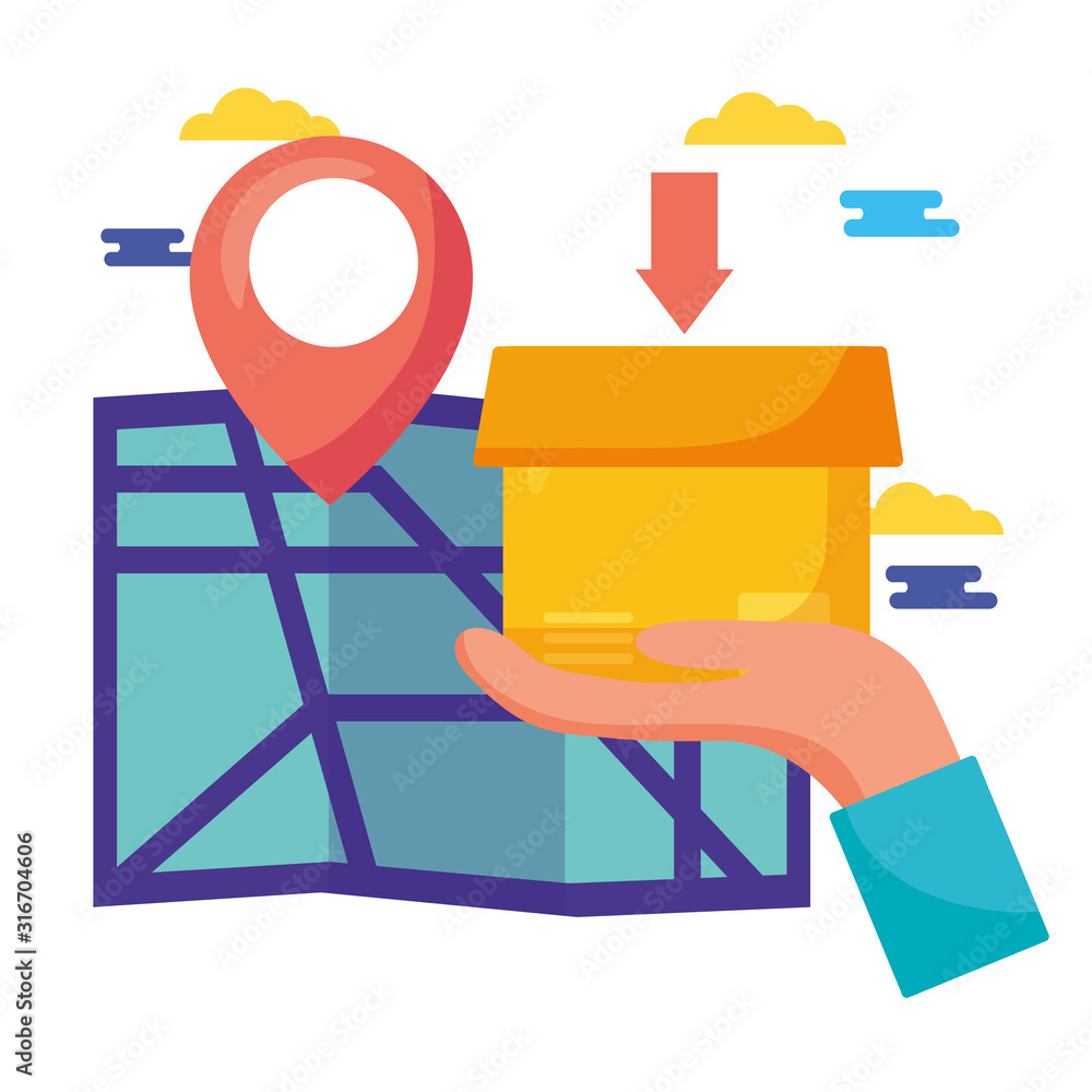 Poster logistic delivery service with paper map and boxes