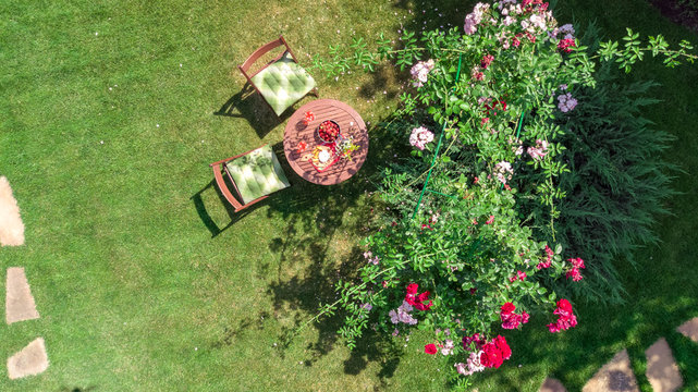 Decorated Table With Cheeses, Strawberry And Wine In Beautiful Rose Garden, Aerial Top View Of Romantic Date Table Food Setting For Two From Above
