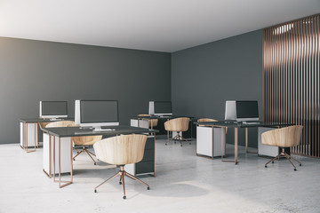 Contemporary coworking office interior with computers