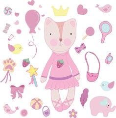 vector set of pink elements, cute cat, fox, toy, girlish objects and sweets