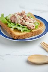 Club sandwich with cheese, cucumber, tomato, ham and eggs. Top view