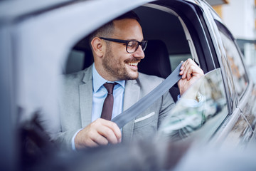 Attractive classy Caucasian smiling businessman in suit and with eyeglasses buckling up safety belt...