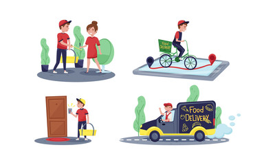 Young People Deliver Orders to Clients Vector Illustrations Set