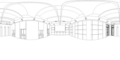 spherical panoramic render of the store, contour visualization, 3D illustration, sketch, outline