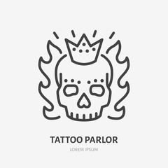 Scary skull with crown and flames flat line icon. Tattooist logo, vector illustration. Outline sign for tattoo parlor