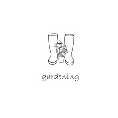 Rubber boots flower pot Gardening banner. Ink hand drawn thin line monochrome decorative object isolated for web, for print
