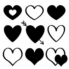 Black heart silhouette icon set. Different shape, arrow, line. Paper and scribble effect. Happy Valentines day sign symbol template. Flat design. Love greeting card Isolated. White background.