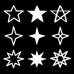 Obraz premium Star Sparkles sign symbol icon set. White silhouette shape. Hand drawing doodle image. Cute shape collection. Christmas decoration element. Flat design. Black background.