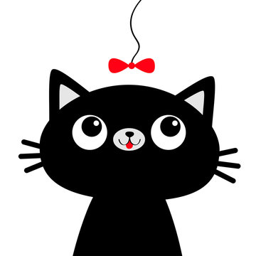 Cat head face looking at red bow on thread. Cute cartoon funny character. Black silhouette sticker print. Kawaii animal. Pet baby collection Kids greeting card. Flat design. White background.