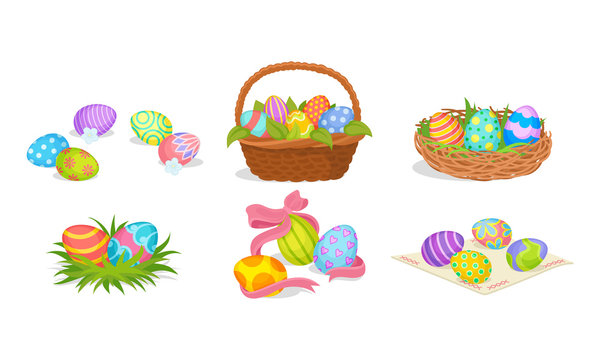 Easter Eggs Resting in Basket and Nest Vector Set