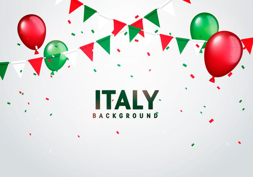 Vector Illustration Colorful Flags, Balloos And Confetti Of Italy. Festive Celebration Party Background.