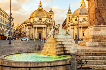 Fototapeta premium Piazza del Popolo (People's Square), Rome, Italy. Churches of Santa Maria in Montesanto and Santa Maria dei Miracoli. Egyptian obelisk of Ramesses II. Rome architecture and landmark.