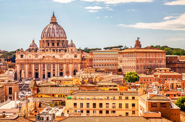 Fototapeta na wymiar Panoramic view of Rome with St Peter's Basilica in Vatican City, Italy. Skyline of Rome. Rome architecture and landmark, cityscape.
