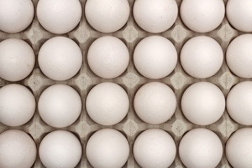 An isolated tray of eggs from recycled materials with white eggs on a white background. Top view