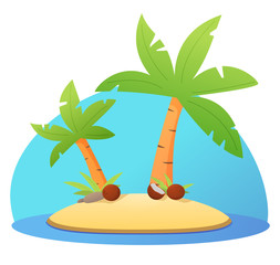 Tropical island with palm trees and coconuts. Sandy beach. Summer seascape  resort. Flat illustration vector. Concept scenery vacation.