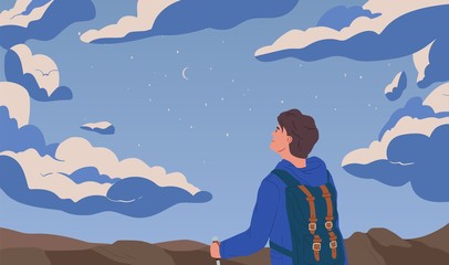 Man looking at night starry sky flat vector illustration. Self discovery, opportunity observation metaphor. Inspiration and imagination concept. Backpacker traveling cartoon composition.