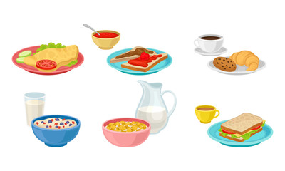 Breakfast Food and Beverages Isolated on White Background Vector Set