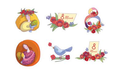 International Women Day Decorative Compositions for Holiday Postcard Vector Set