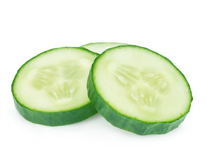 Fresh slice cucumber close-up on white background.