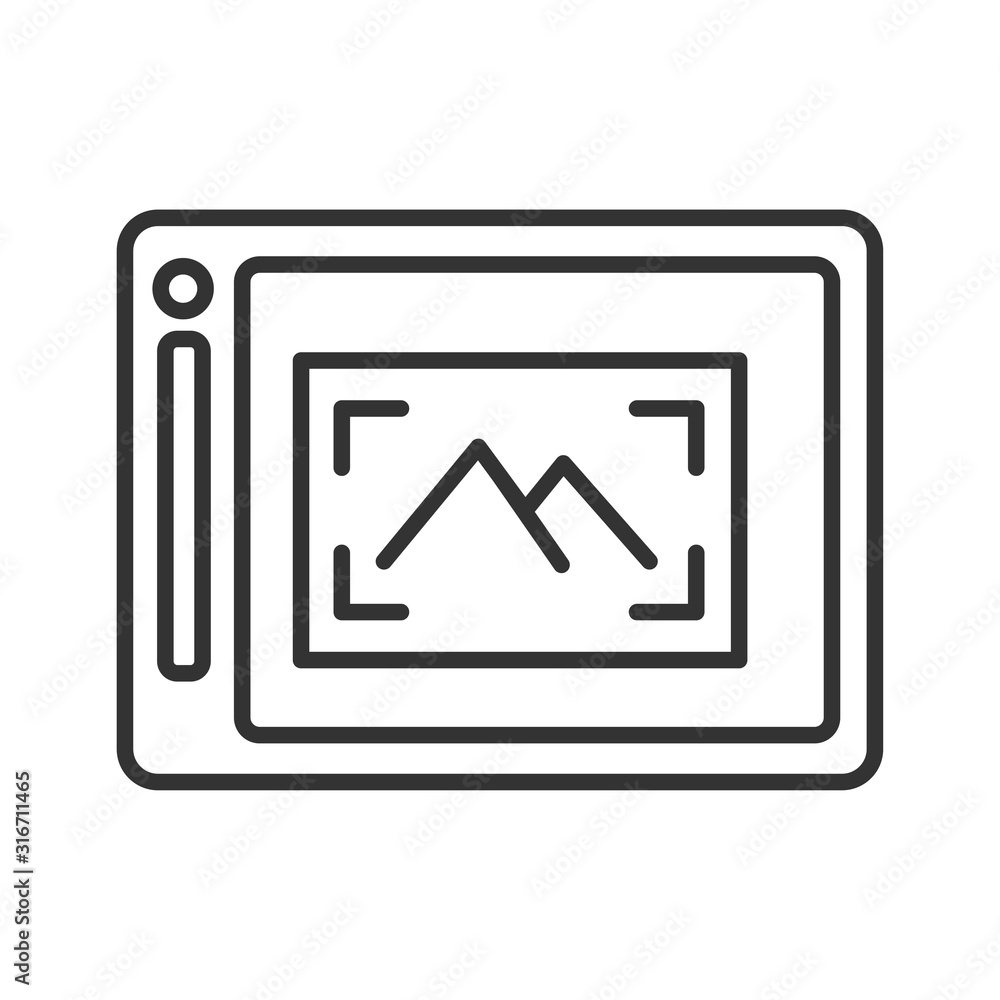 Poster action camera and picture on screen black line icon. electronic device concept. pictogram for web pa