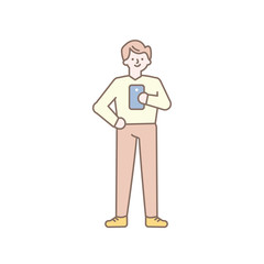 Line art vector people. man with cellphone