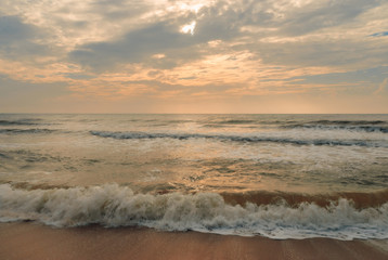 Fototapeta premium Landscape of tropical beach nature with sunlight on horizon in Thailand. Summer relax outdoor concept.