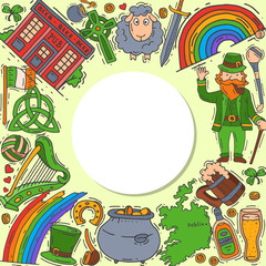 Ireland symbols doodle set vector illustration. St Patrick s day, shamrock, clover, leprechaun and irish pub are all around a circle text or logo place
