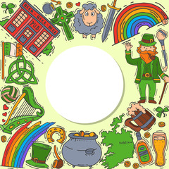 Naklejka premium Ireland symbols doodle set vector illustration. St Patrick s day, shamrock, clover, leprechaun and irish pub are all around a circle text or logo place
