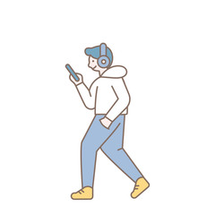 Simple Line art man walking with phone