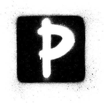 graffiti P font sprayed in white over black square