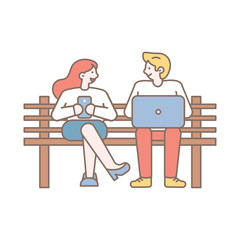 Simple Line art people with gadgets on bench vector