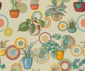 Behang Naadloos patroon met planten in potten © Hmarka