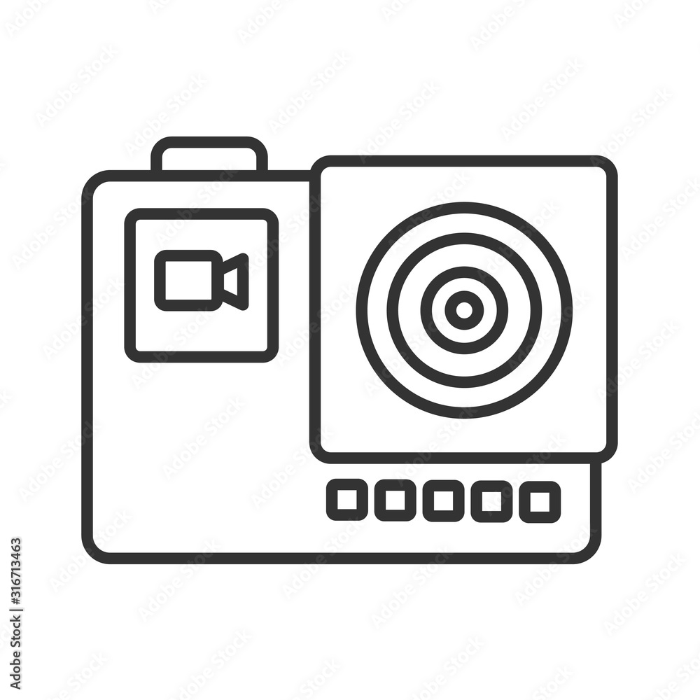 Poster action camera black line icon. electronic device concept. camera for active sports. pictogram for we