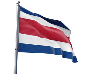 Costa Rica flag waving on pole with white isolated background. National theme, international concept.