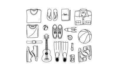 set of  hand drawn  vacation illustration. travel equipment vector on white background