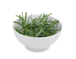 fresh rosemary in the white bowl isolated on white background