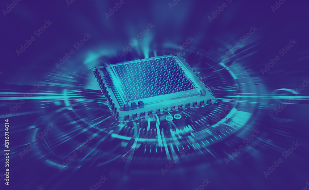 Aufkleber digital technology, nanoprocessor, cpu 3d illustration. high tech innovation. high speed data proces
