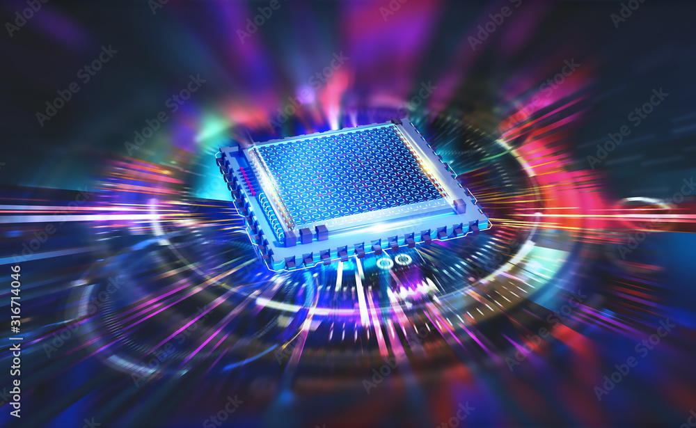 Poster digital technology, nanoprocessor, cpu 3d illustration. high tech innovation. high speed data proces