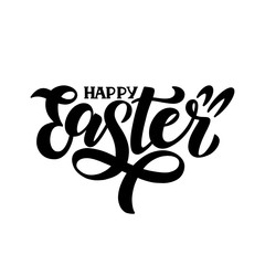 Happy easter lettering logo decorated by rabbit ears. Hand drawn sketch as logotype, print, badge, greeting card template, emblem. Vector illustration EPS 10