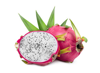 dragonfruit (pitahaya) with leaf isolated on white background