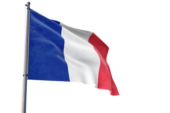 France flag waving on pole with white isolated background. National theme, international concept.