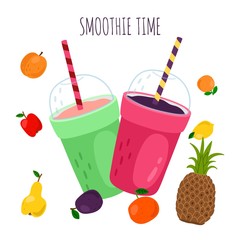 Smoothie and fruits. Summer diet drink, fresh natural beverage. Vector healthy lifestyle illustration