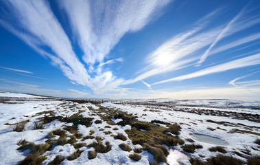 Snow cover moors on a frozen winters day with a bright blue sky at the remote Edmondbyers Common,...
