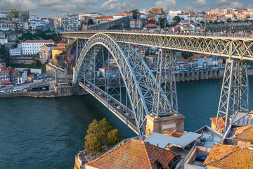 Side view of the metalwork of the famous Luis I Bridge in the Portuguese city of Porto against the...