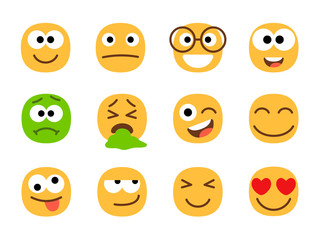 Yellow and green emoticon faces. Smiley emoticons for ui, human emotions faces set, simple negative and positive icons