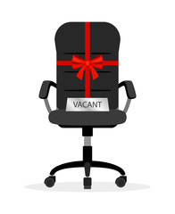 Vacant office chair. Empty office place with red bow, employment recruiting position, recruitment interview seat, staff wanted hunting sign
