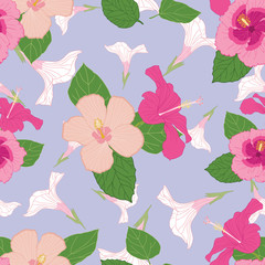 Seamless floral pattern of pink hibiscus flowers and leaves